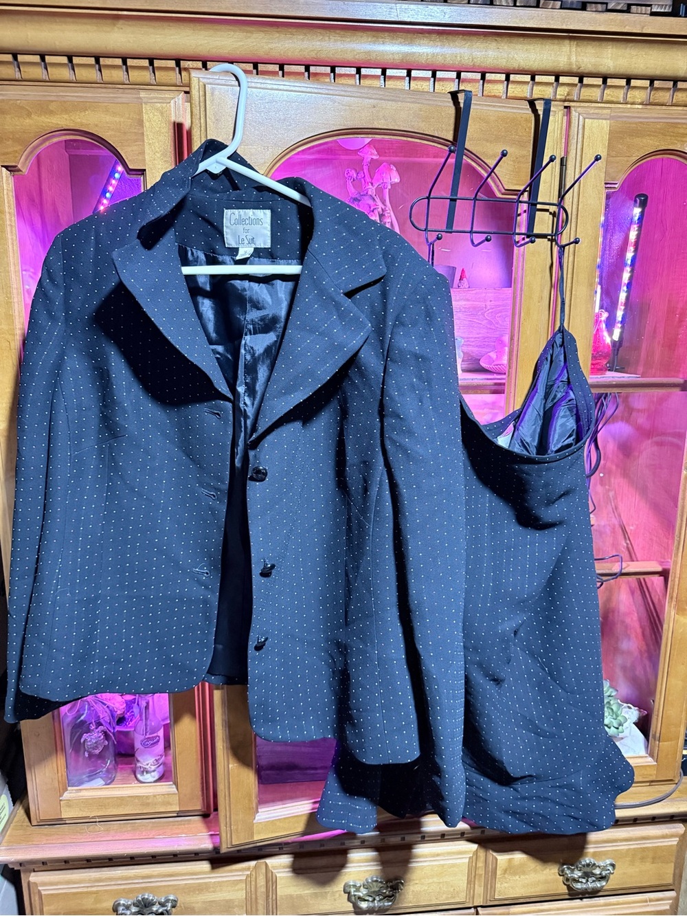 Le Suit Black Jacket with Subtle Pink & White Dot Pattern